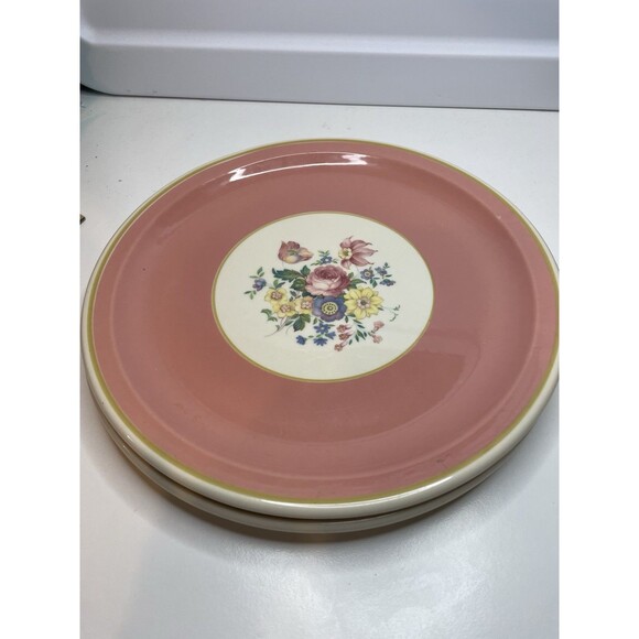 2 Syracuse China Econo-Rim Restaurant Ware 10" Dinner Plate Pink Band & flowers - Picture 1 of 8